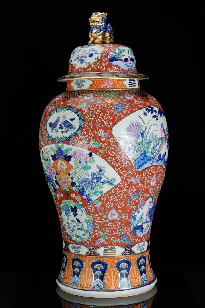 有田焼 染錦窓絵花鳥尽之図 獅子摘蓋付 沈香壺 特大99㎝ 飾壺 古美術 骨董品