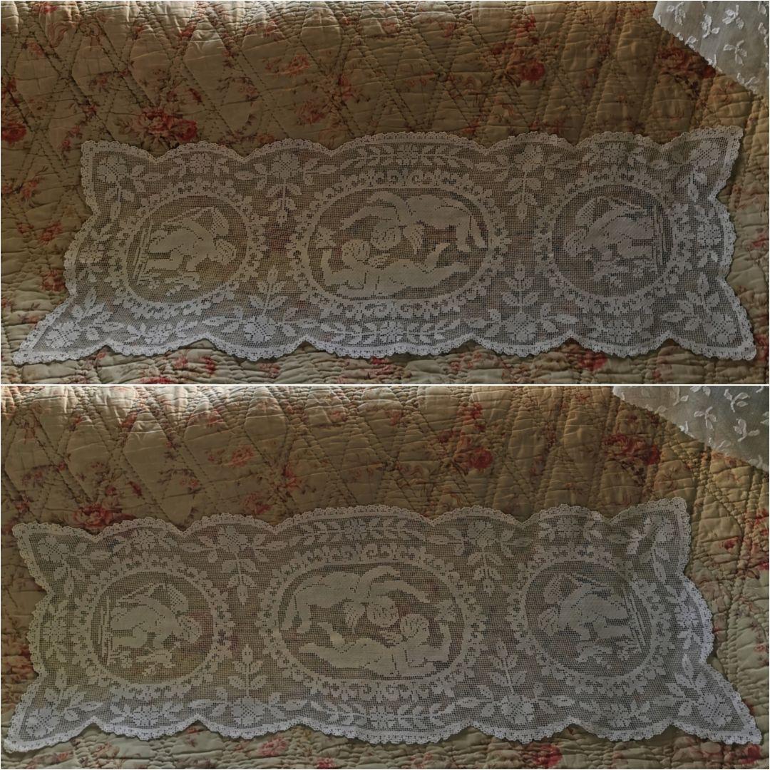 アンティークフランス リネンフィレレース 天使と鳥と蝶 テーブルクロスランナー