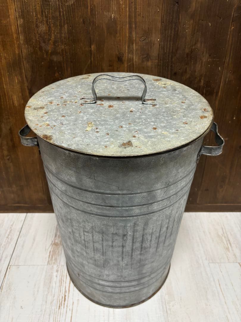 ブリキ　バケツ アンティーク　ブリキポット　蓋付き 大容量　Lサイズ