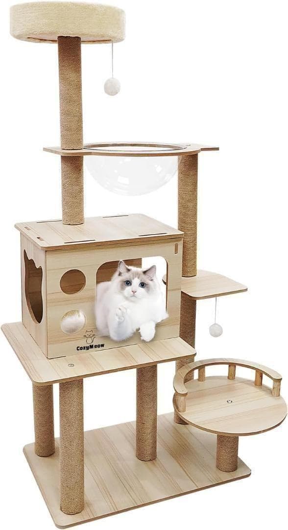 キャットタワー キャットハウス 木製 据え置き スリムデザイン　ハンモック