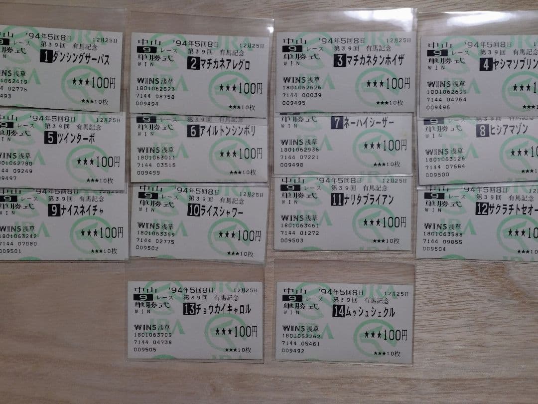 １９９４年 第３９回有馬記念 全14頭出走 単勝馬券