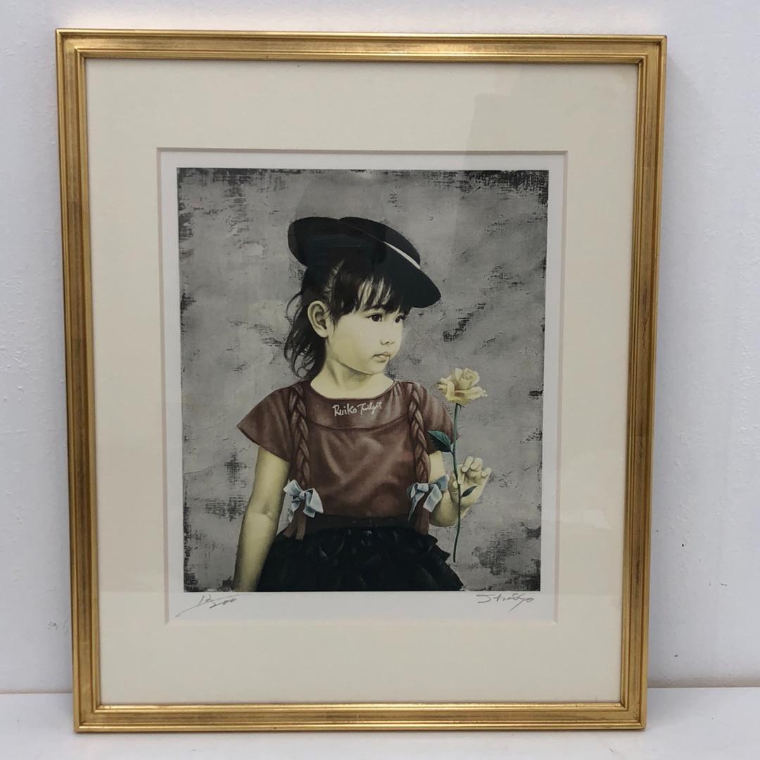 藤岡心象 一枚の繪 「少女とバラ」 リトグラフ 直筆サイン　12/200