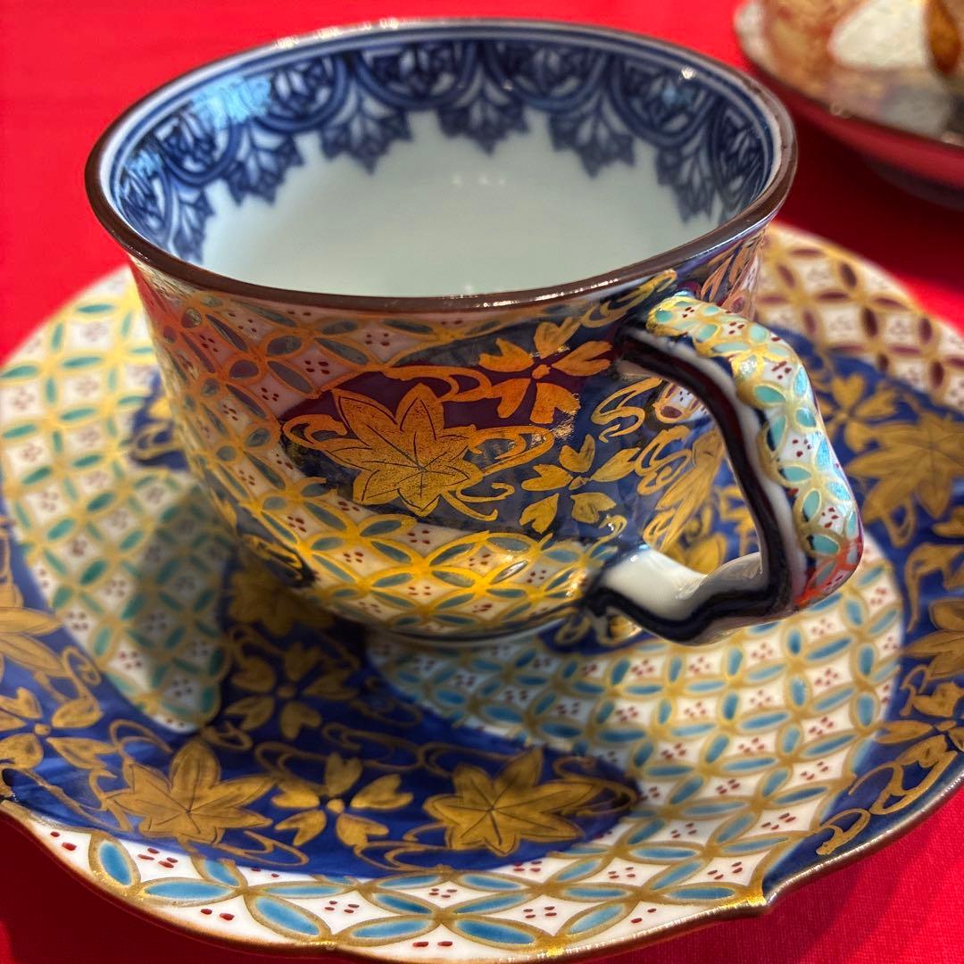 [希少品￼]清水焼 伊藤春晃 春晃窯　金彩桜紅葉三色金七宝紋カップ&ソーサー2客