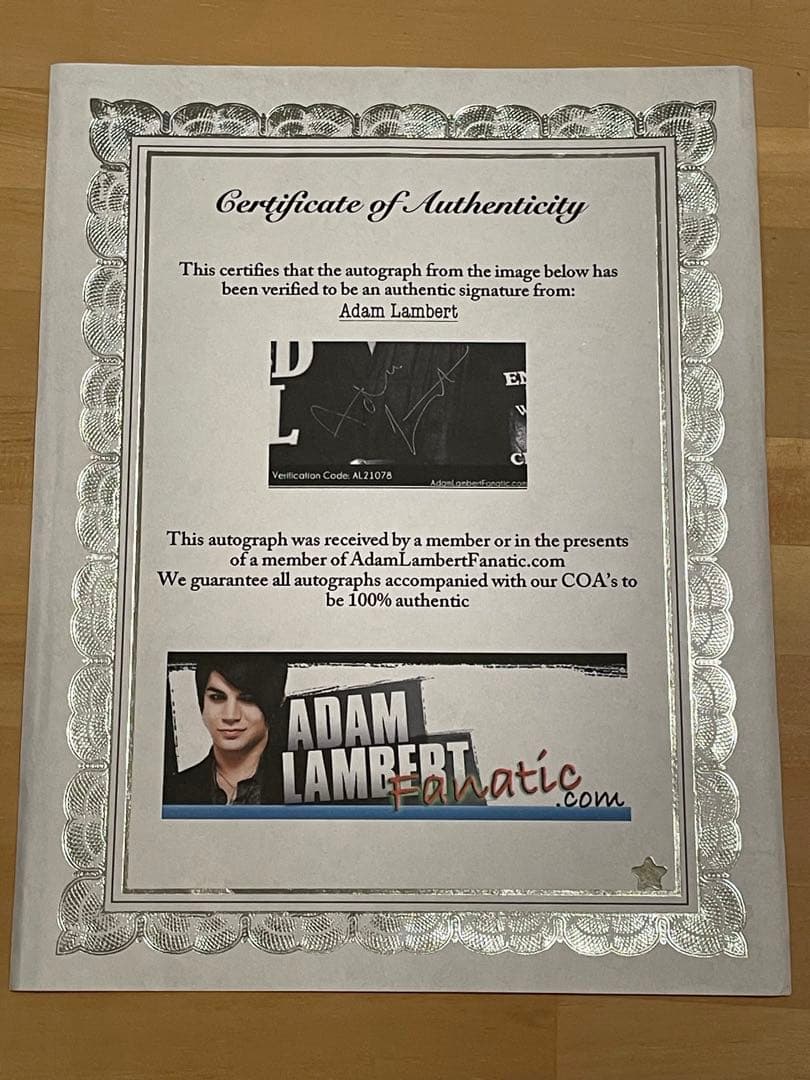 アダム ランバート 直筆 サイン入り 雑誌 及び Certificate