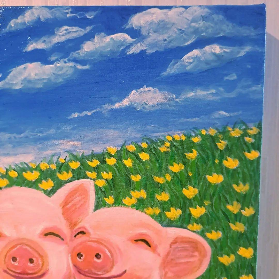 キャンバス油絵 　AP♡ 　笑ってる仲良しこぶたたち