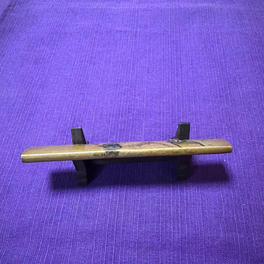 時代物　肉厚　小柄　黄銅地　赤銅素銅象嵌竹笹飛鳥図（日本刀装具笄小刀拵目貫縁頭侍