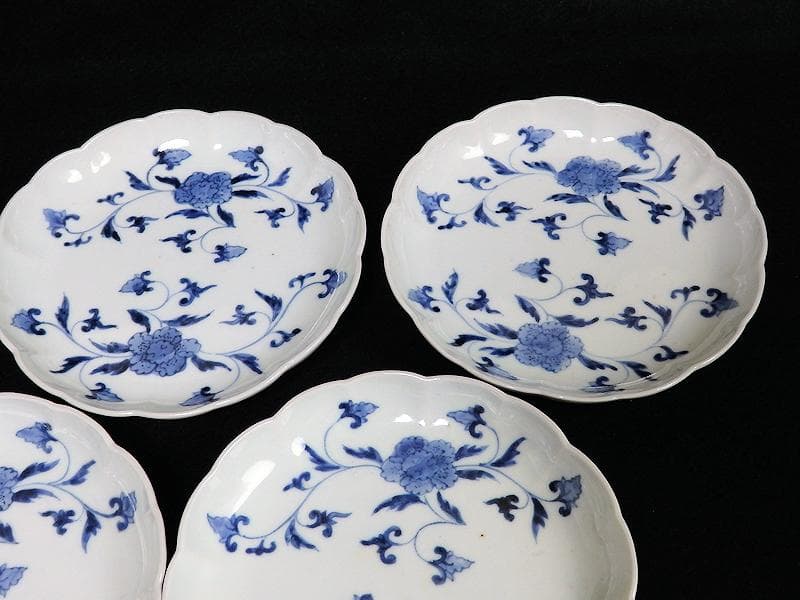 古伊万里　染付　花唐草の図　５寸半皿　４枚　江戸期　D940AS-fbap