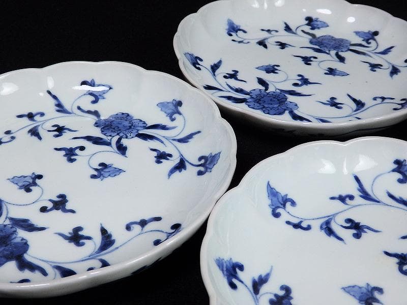 古伊万里　染付　花唐草の図　５寸半皿　４枚　江戸期　D940AS-fbap