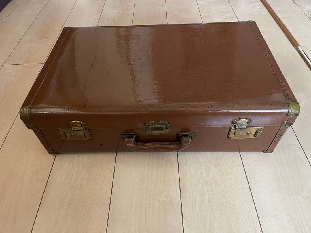 昭和レトロ ヴィンテージ トランク 本革調 内装ブルー 古道具