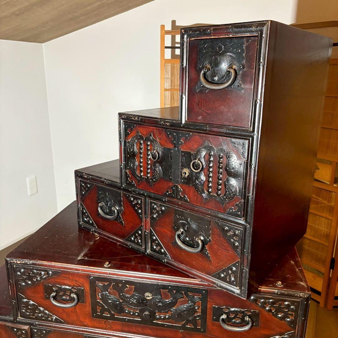 階段箪笥　6段　飾り金具　時代箪笥　伝統家具　和家具　和箪笥　民芸家具