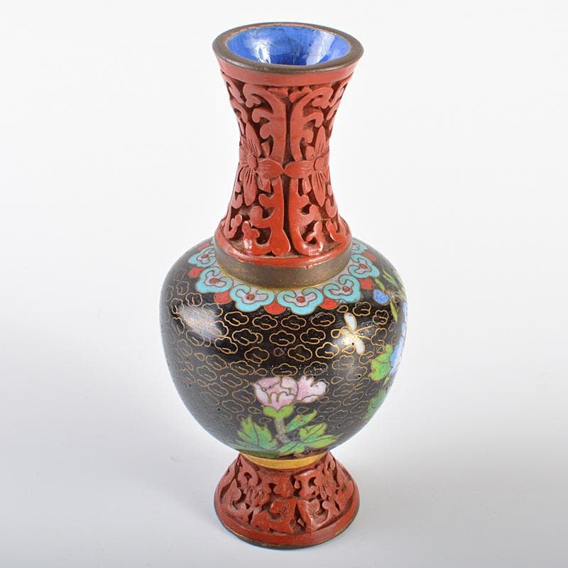 中国　古七宝　剔紅　堆朱　花文瓶　U　R6247