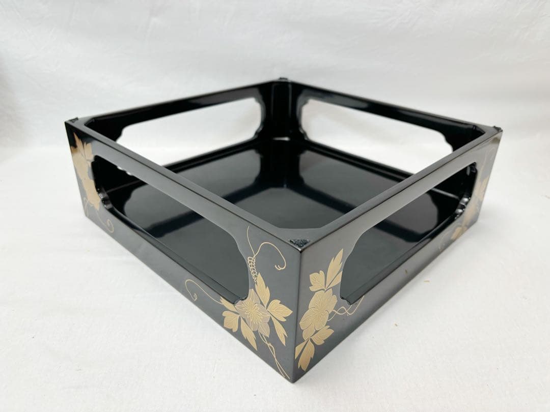 ほぼ未使用 茶道具 輪島塗 金彩花蒔絵 重台 四方盆 木製黒真塗 能登国輪島共箱