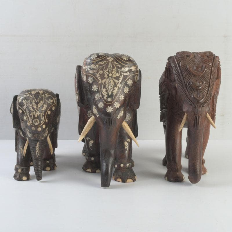 中国　唐木紫壇製　獣骨装飾など　インド象　3点まとめて　台付　V　9336A