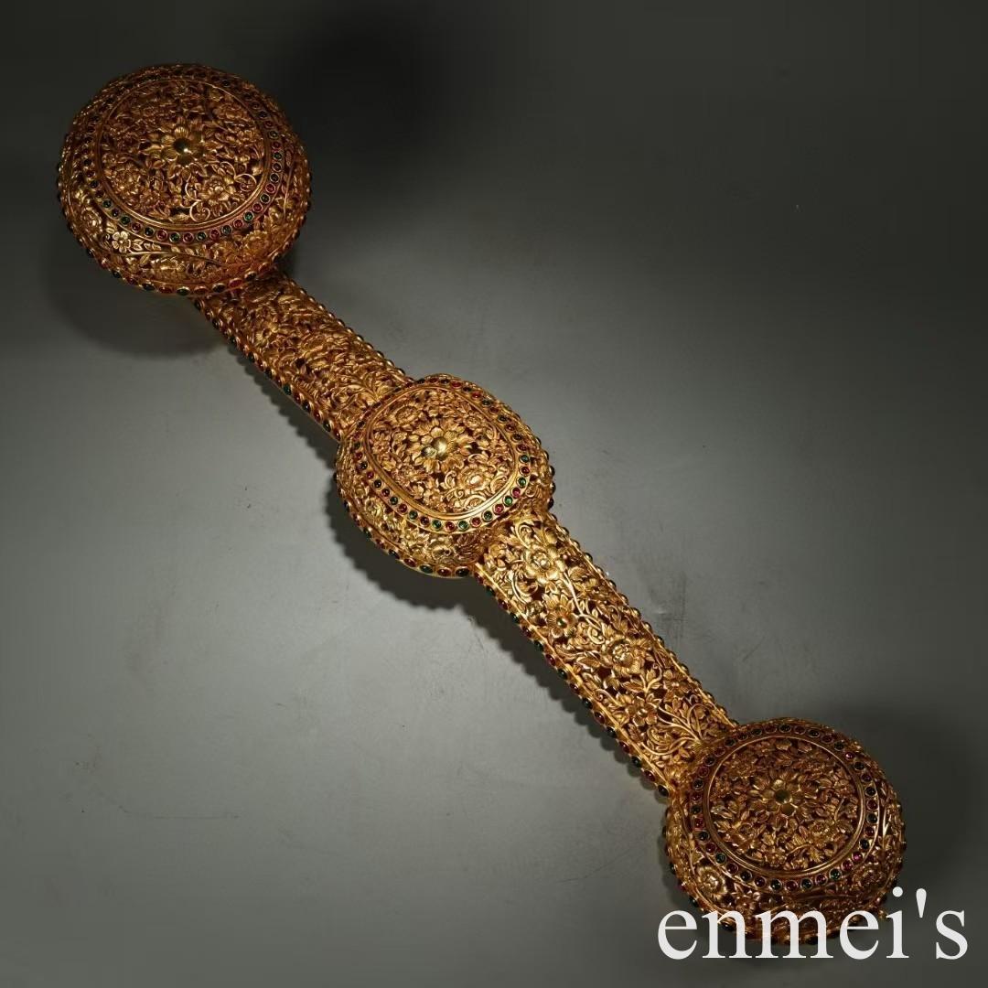 中国古美術・旧蔵福寿花紋「万事如意」置物・純銅製・透彫鏨刻鎏金・純手作り・文房具