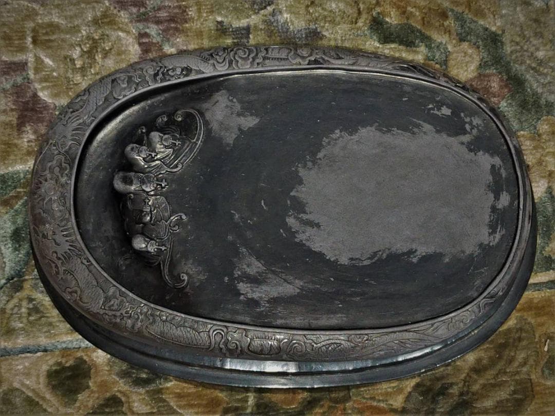 ♥中国　端渓　硯　双龍蝙蝠紋　大型　5.7ｋｇ　端渓硯　骨董品