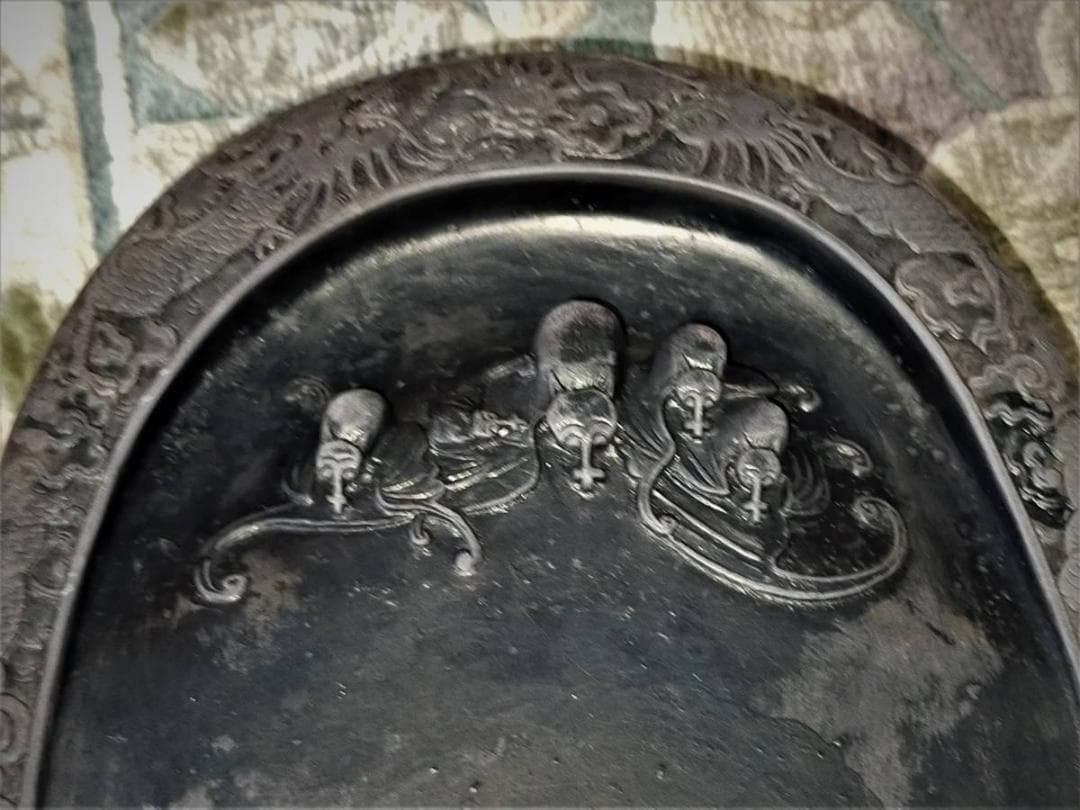 ♥中国　端渓　硯　双龍蝙蝠紋　大型　5.7ｋｇ　端渓硯　骨董品