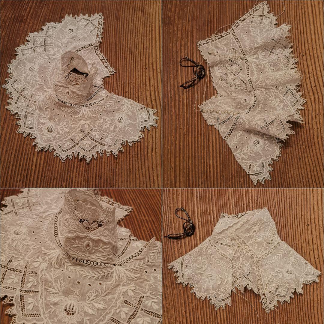 アンティーク ギュピールレース 盛り上げ三つ葉刺繍カフス ドール用付け襟 ケープ