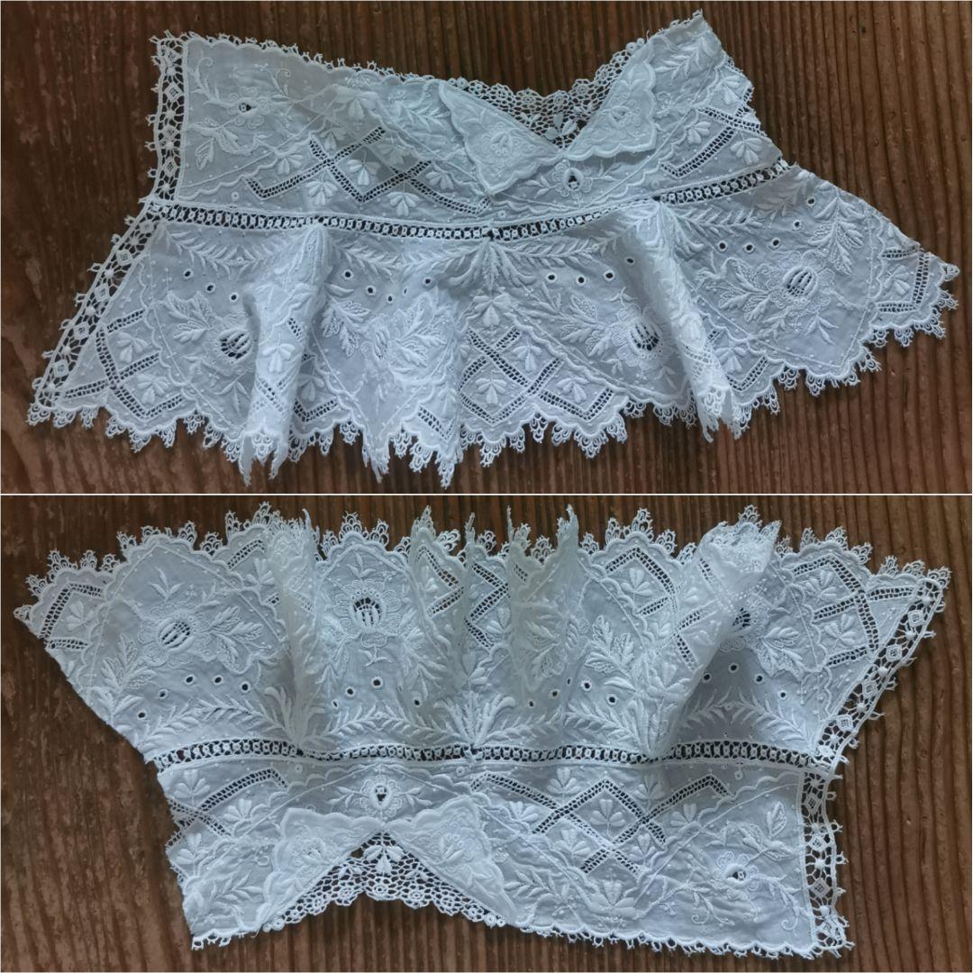 アンティーク ギュピールレース 盛り上げ三つ葉刺繍カフス ドール用付け襟 ケープ