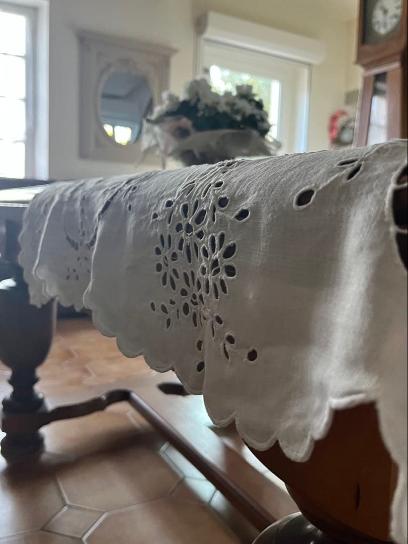 ◆フランスアンティーク｜手刺繍希少天使レースマルチクロステーブルエンジェル正方形