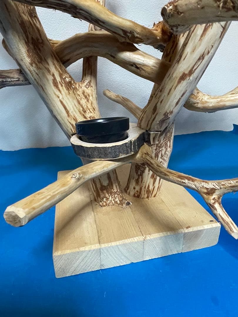 天然木製 鳥用止まり木 中型用 食器付き