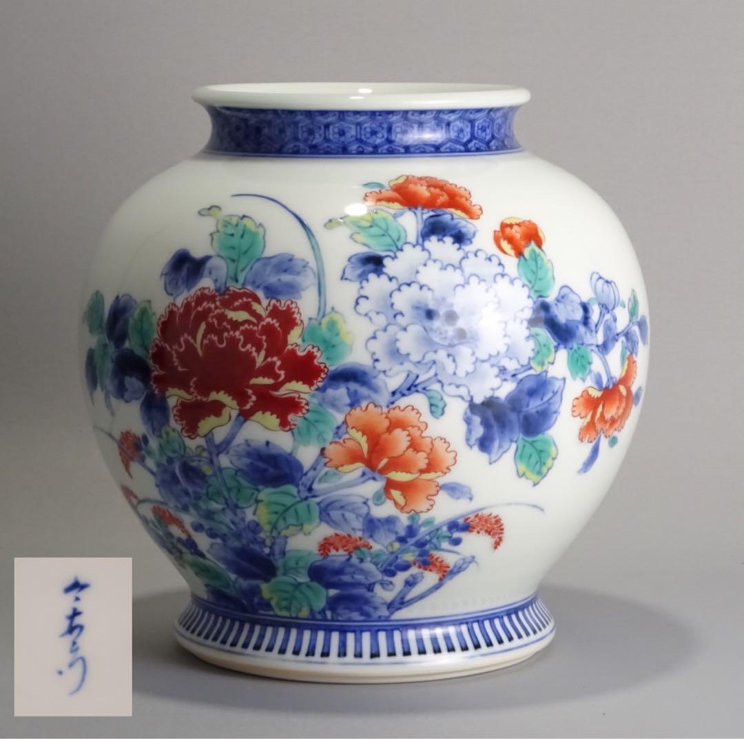 名工　十二代　今泉今右衛門　秀逸作　色鍋島　芙蓉文　花瓶　地文縁　壷　花入　花器