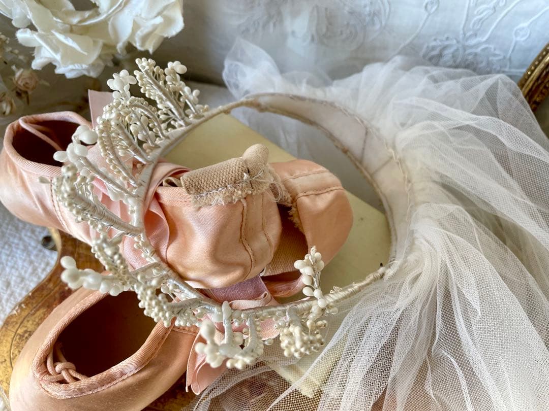 チュールベール付きワックスフラワーティアラ マリアージュ冠フランスアンティーク