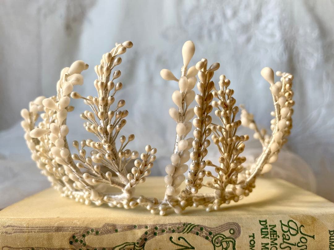 チュールベール付きワックスフラワーティアラ マリアージュ冠フランスアンティーク