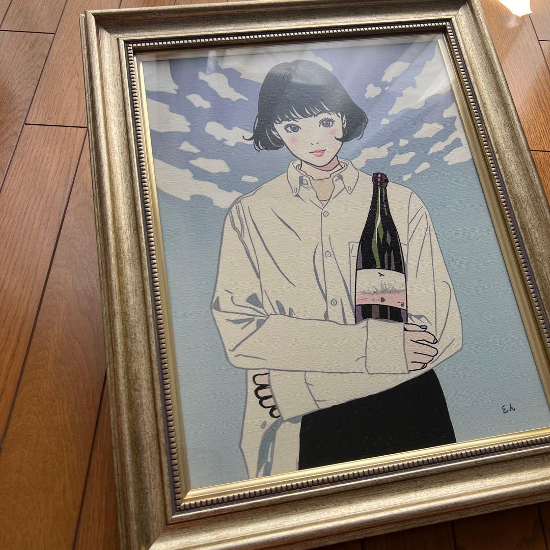 江口寿史　直筆イラスト　Yシャツとワインの女の子。