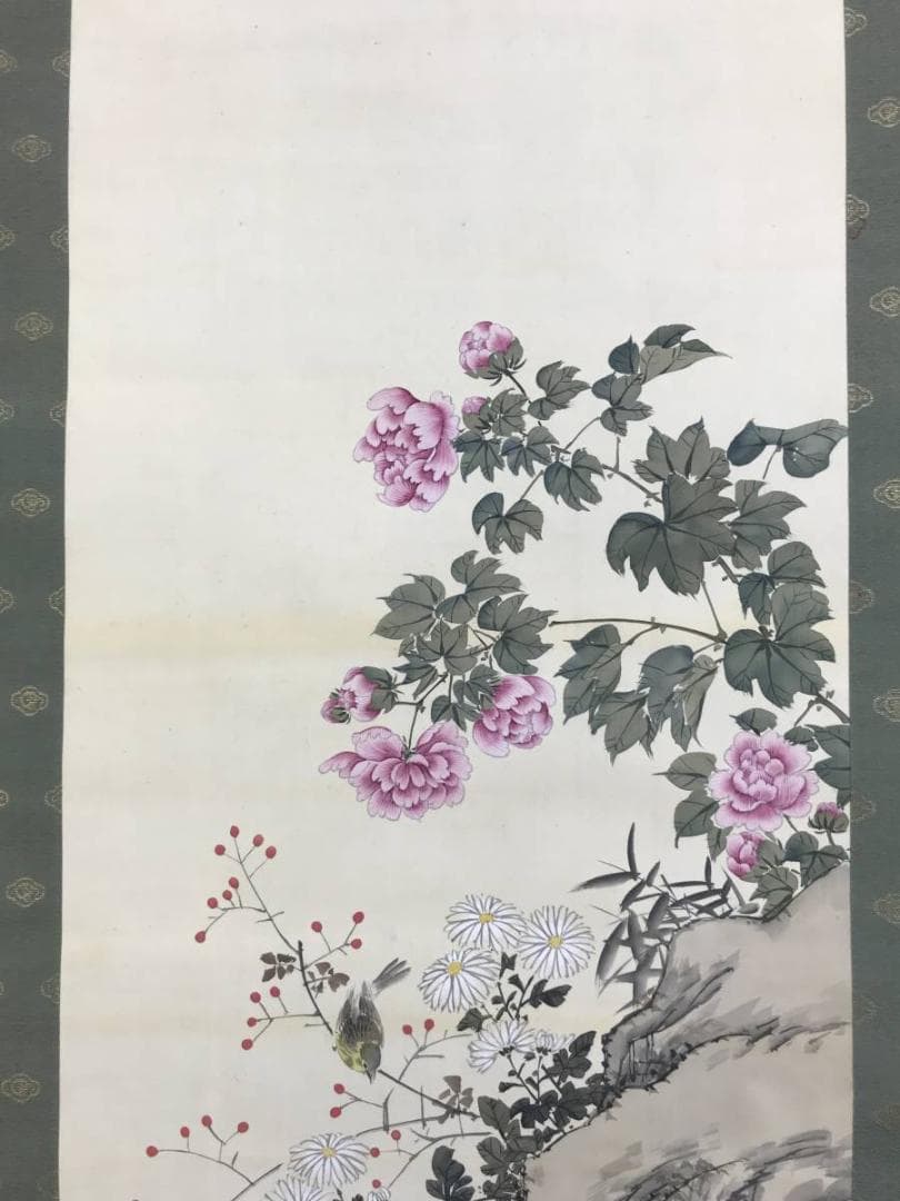 真作/石河有隣/秋草小禽図/花鳥図/小鳥図/菊図/芙蓉/名家伝来/AE-168