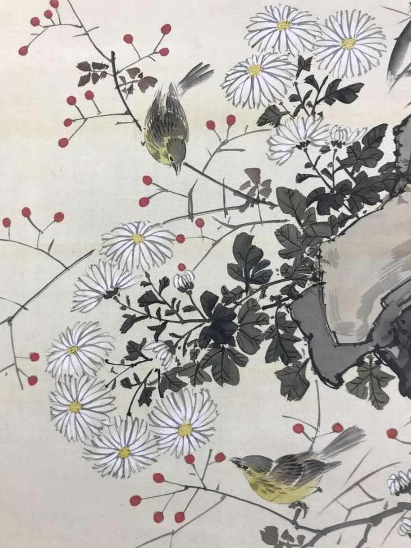 真作/石河有隣/秋草小禽図/花鳥図/小鳥図/菊図/芙蓉/名家伝来/AE-168