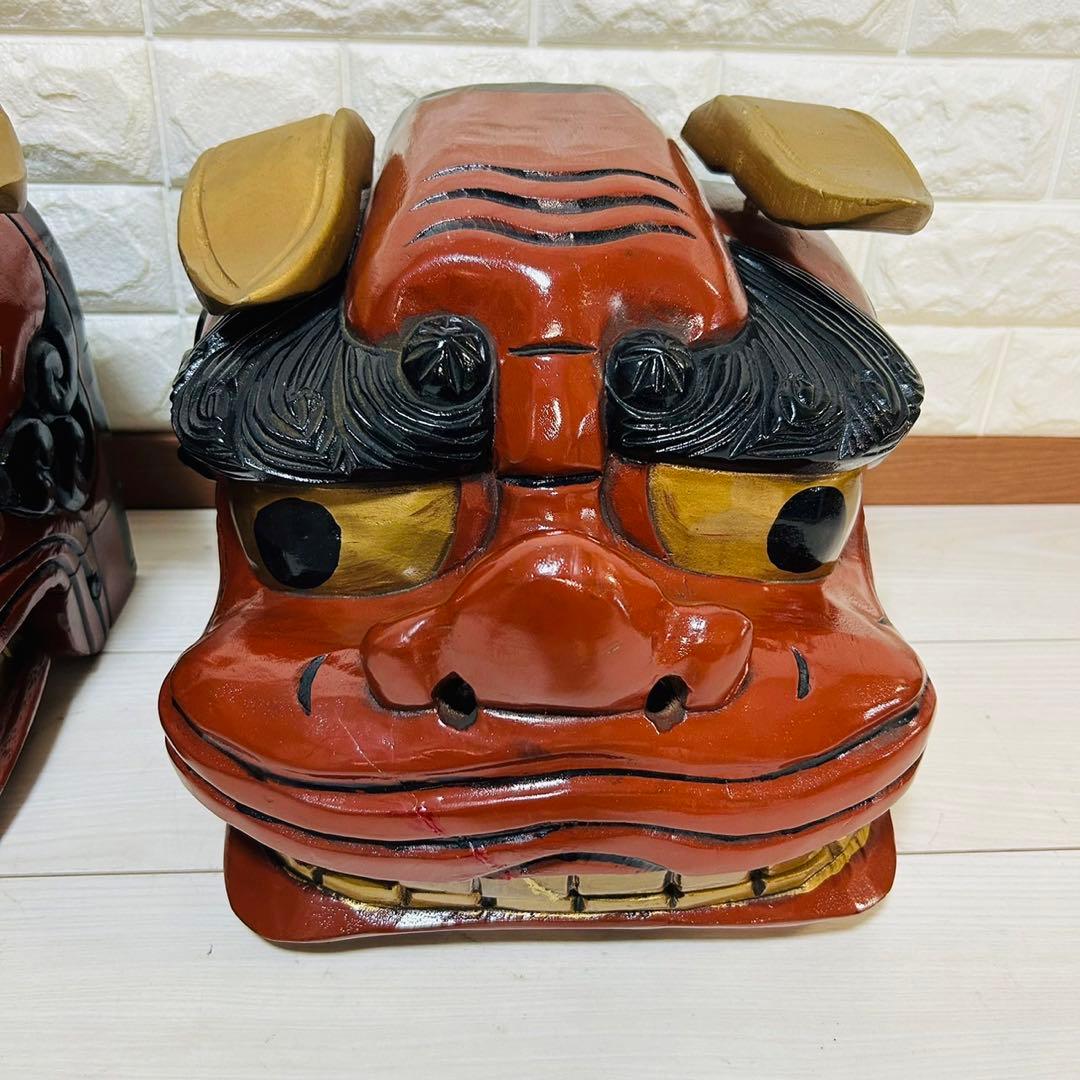 獅子頭　雄雌セット　彫木品　アンティーク