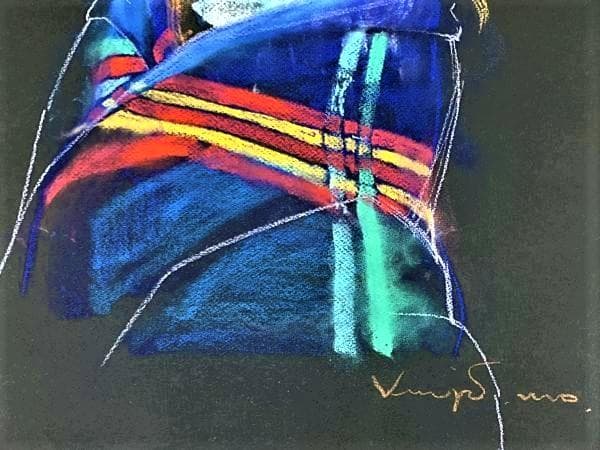 外国人画家の作品　人形を描いたパステル画　実力ある画家の大型サイズの絵