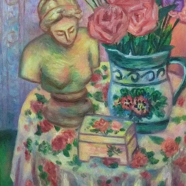 油彩画　静物画　女性像のあるテーブル　額装商品　作品サイズ60×65cm