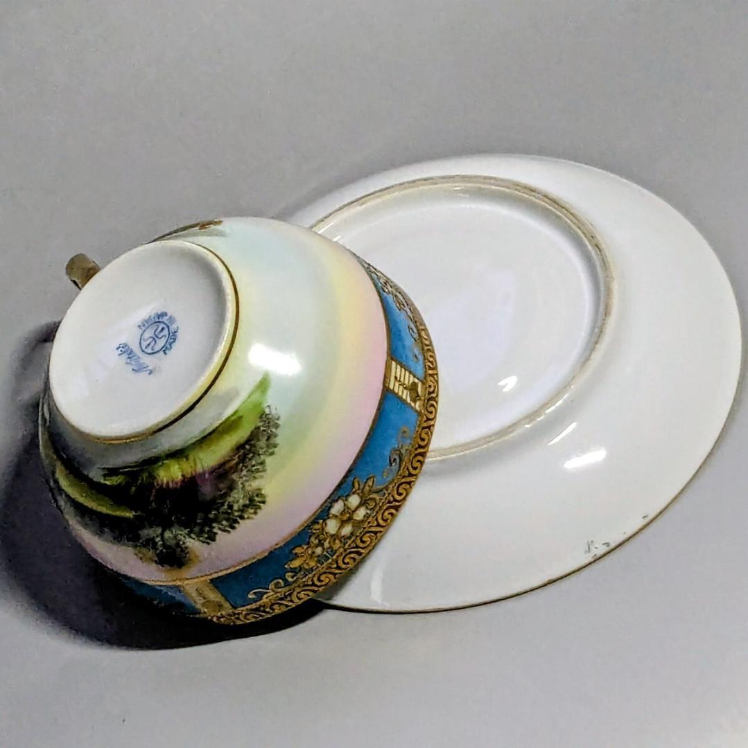 オールドノリタケ カップ＆ソーサー　金彩金盛上湖畔風景白鳥図 　　有名パターン