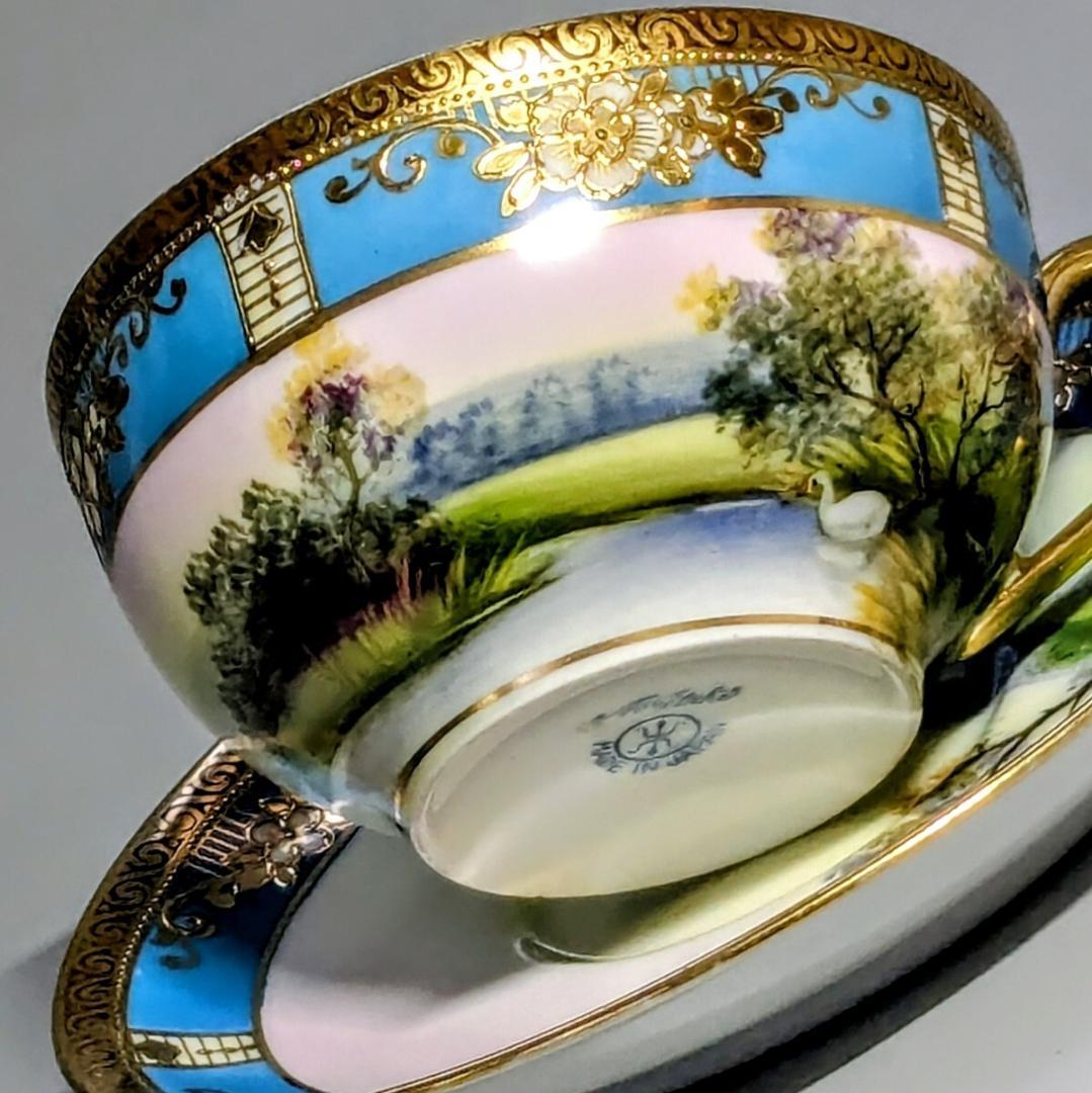 オールドノリタケ カップ＆ソーサー　金彩金盛上湖畔風景白鳥図 　　有名パターン
