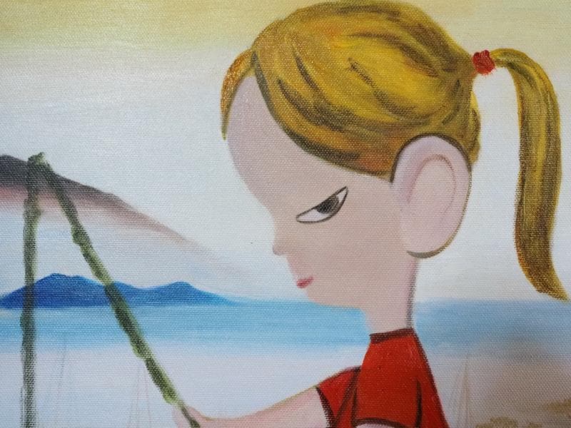 人物画　油絵　奈良美智　女の子と釣り　F6　額付き　手描き　肉筆