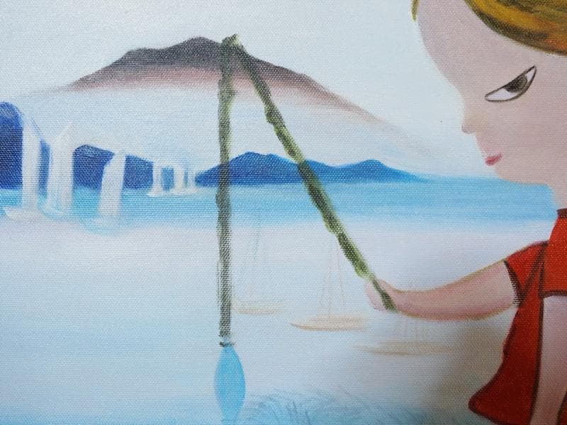 人物画　油絵　奈良美智　女の子と釣り　F6　額付き　手描き　肉筆