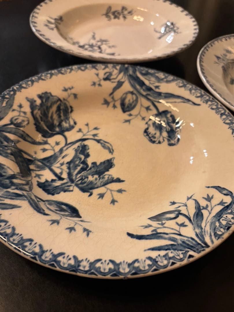 フランスアンティーク皿 3枚セット 青い花柄 チューリップ・野バラ・木ノ実