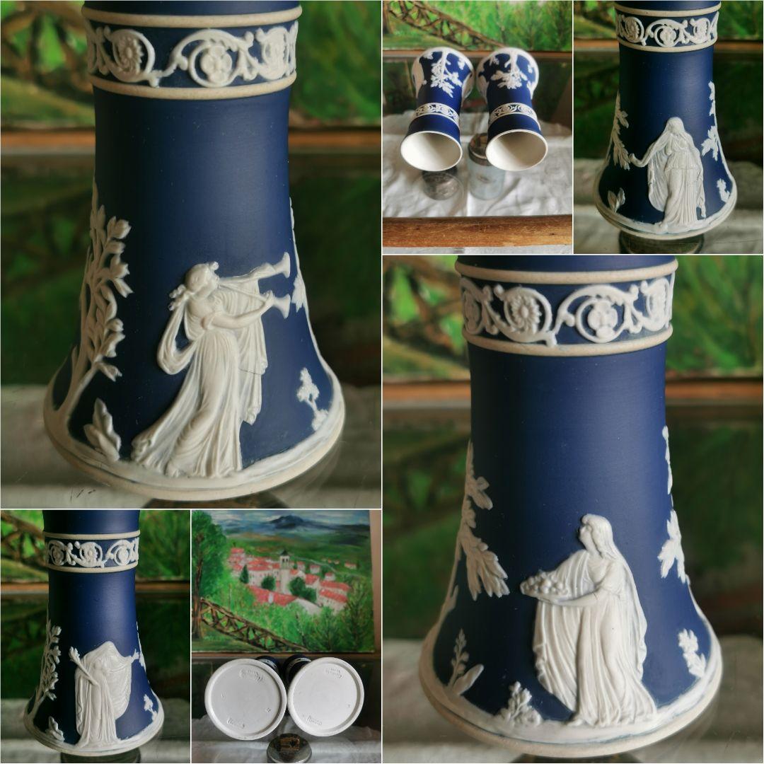 アンティーク英国 アダムスジャスパー カメオ技法 古ラッパ供物の女性像ペアベース