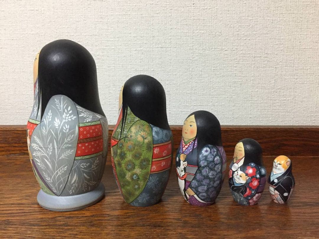 ひな祭りセール♪ロシア雑貨☆着物マトリョーシカ(5P)和風猫ボボワ作オマケ付き♪