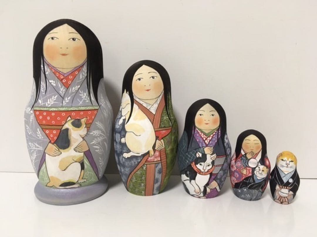 ひな祭りセール♪ロシア雑貨☆着物マトリョーシカ(5P)和風猫ボボワ作オマケ付き♪