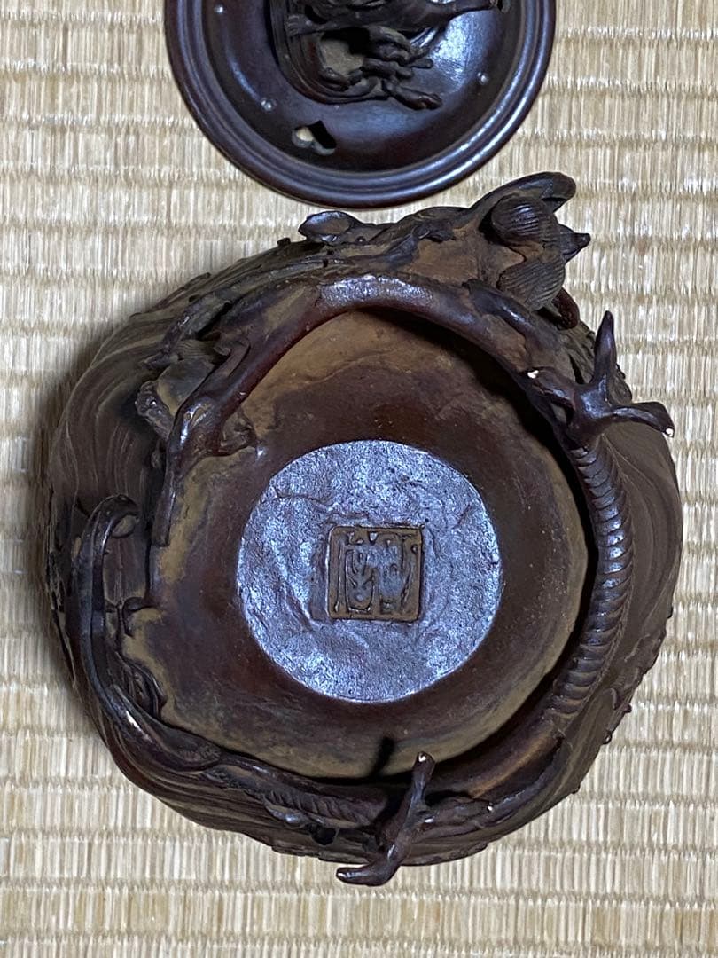 ♦蝋型細密鋳金 象嵌 波乗り兎 波千鳥文 波乗り龍足 香炉 唐金 美術品 骨董品