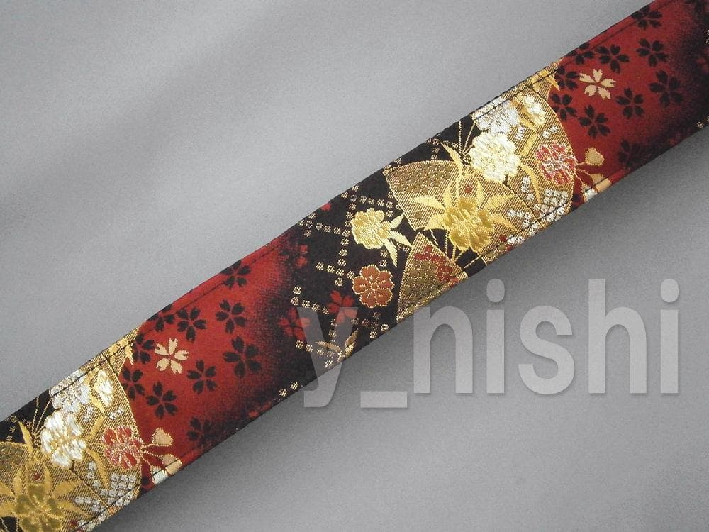 京都 西陣織 和柄ギターストラップ 扇柄/赤-黒 金襴生地使用 ハンドメイド