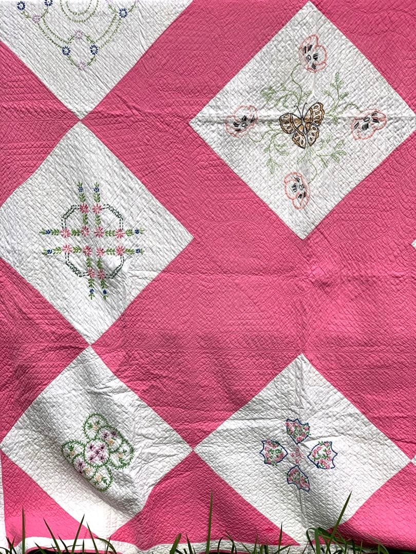 アンティーク　パッチワーク　キルト  手刺繍　ピンク　花　アメリカ