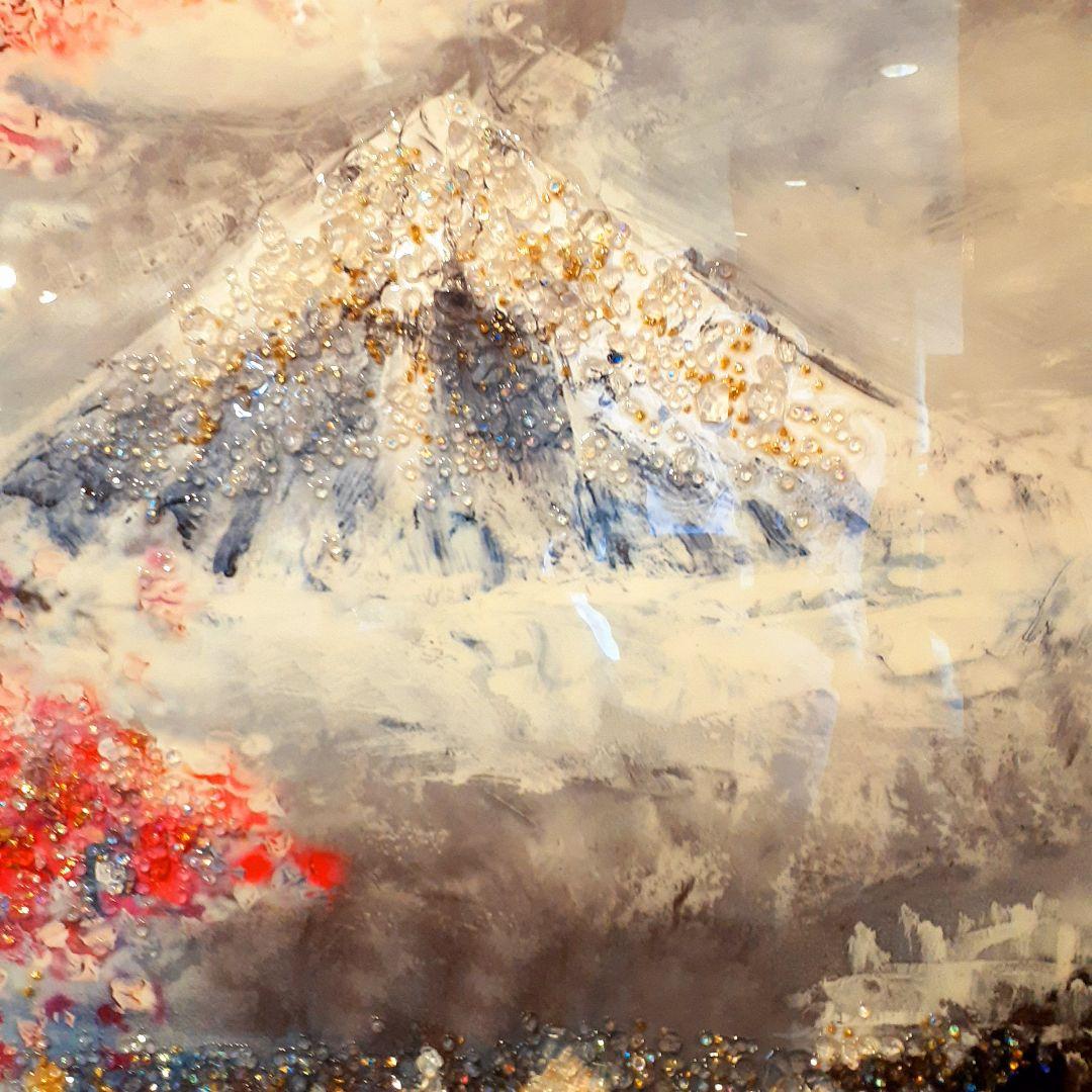 輸入雑貨　クリスタルアート　『月下の富士山と桜』　水晶石　フレーム付き