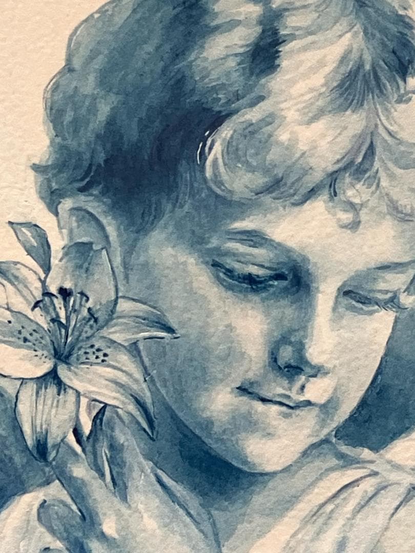 水彩画　百合と天使