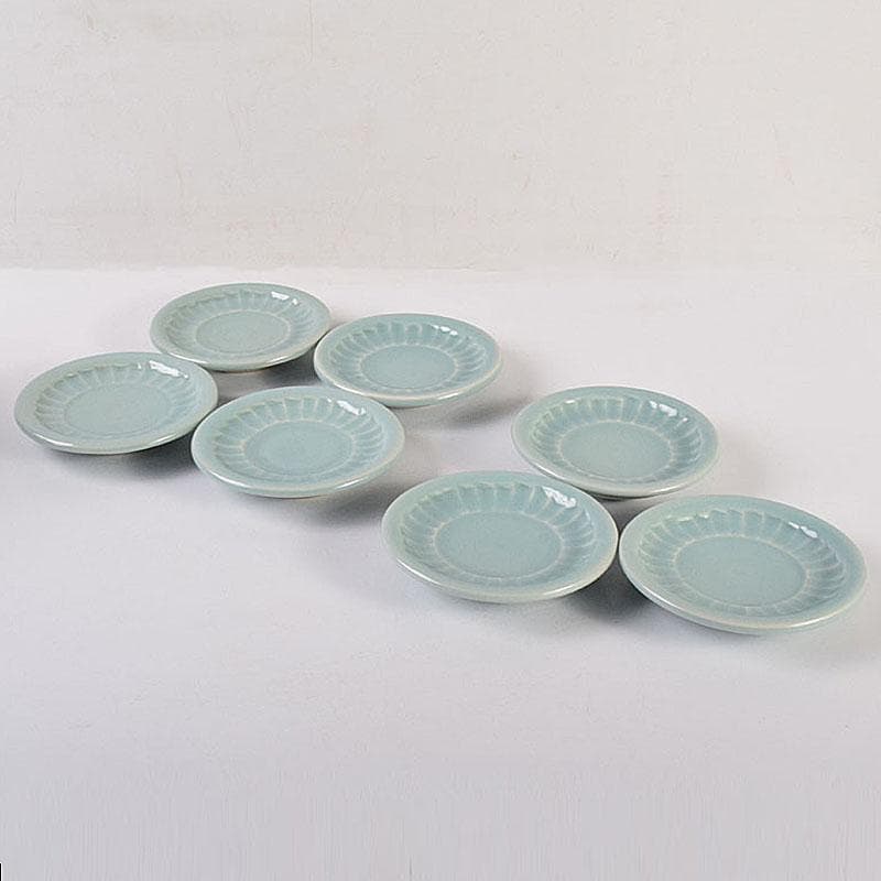 和食器　木野皿山窯　上田恒次作　青磁鎬手　銘々皿　7客　共箱　V　R7751