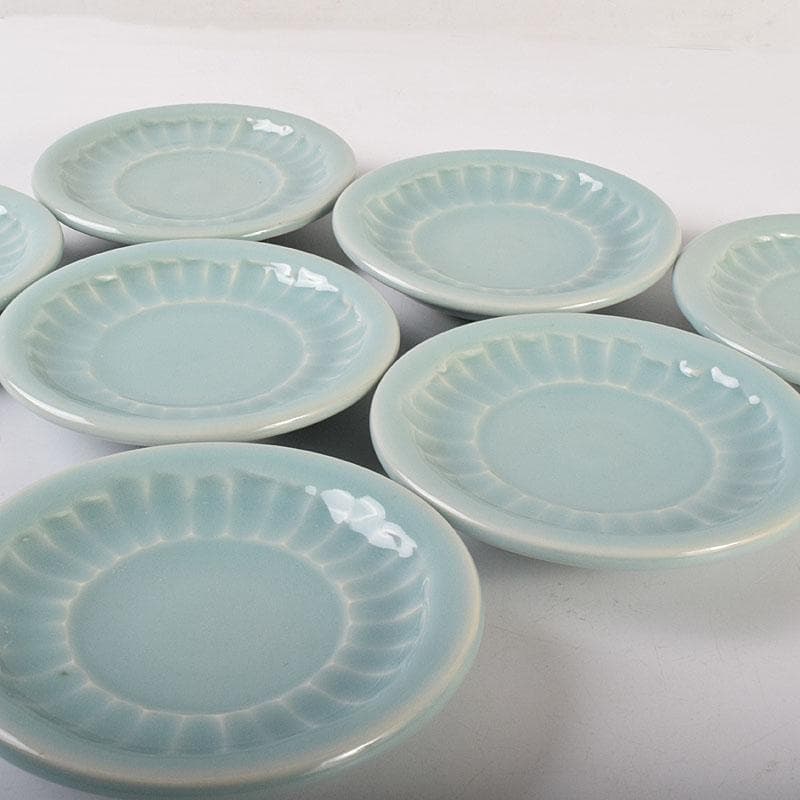 和食器　木野皿山窯　上田恒次作　青磁鎬手　銘々皿　7客　共箱　V　R7751