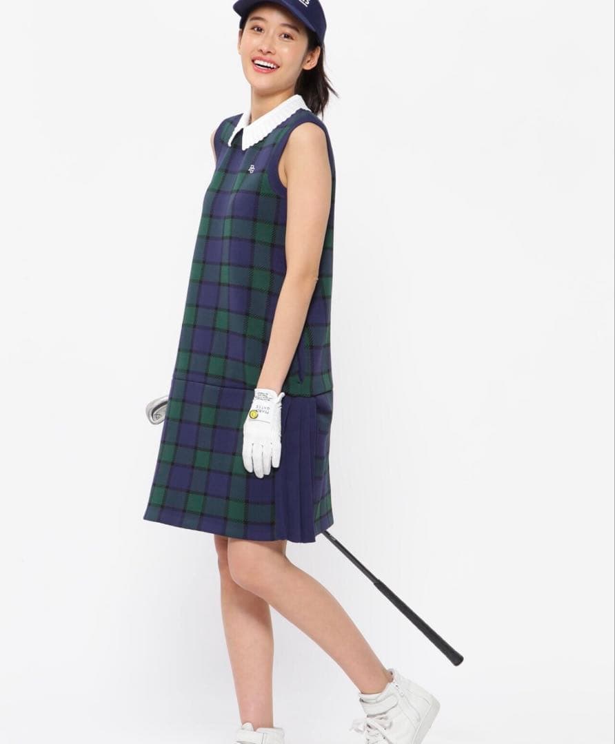 【新品】パーリーゲイツ 光栓 チェック柄 ノースリーブ ワンピース ニット