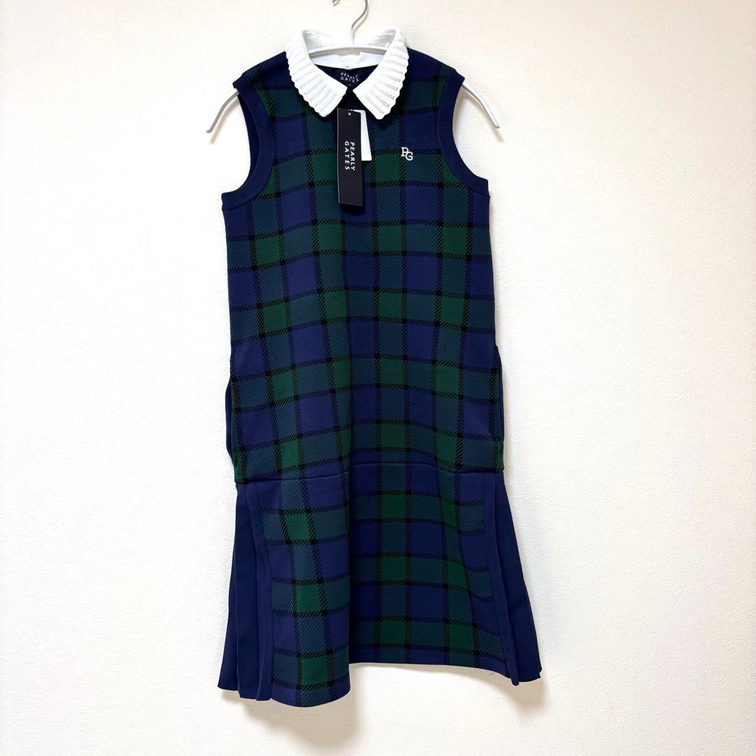 【新品】パーリーゲイツ 光栓 チェック柄 ノースリーブ ワンピース ニット